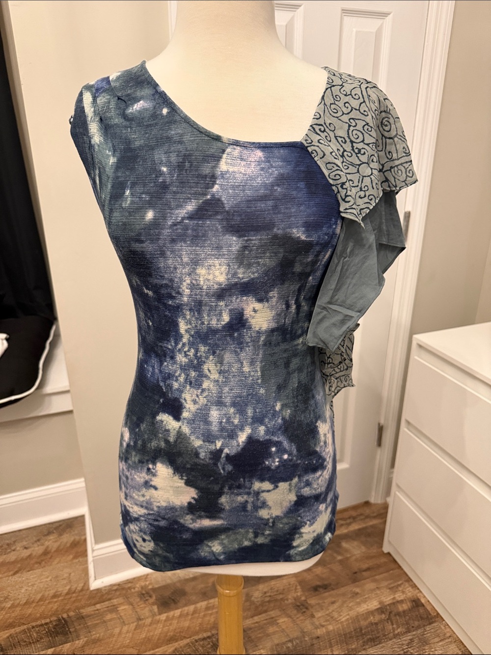 Deletta Blue Tie-Dye Mixed Print Ruffle Sleeve Top